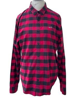Hollister Slim Fit Plaid Button-Down Shirt Red Black Epic Stretch Size Large EUC